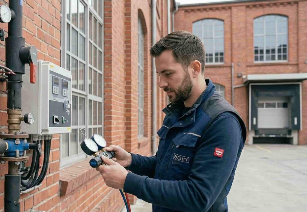 Ein Hausmeister steht im Rahmen einer technischen Objektbetreuung vor einem Gebäuderegler und prüft etwas.